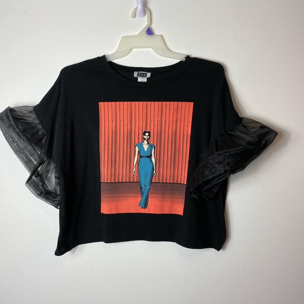 Black Graphic Women Top with Sheer Sleeves